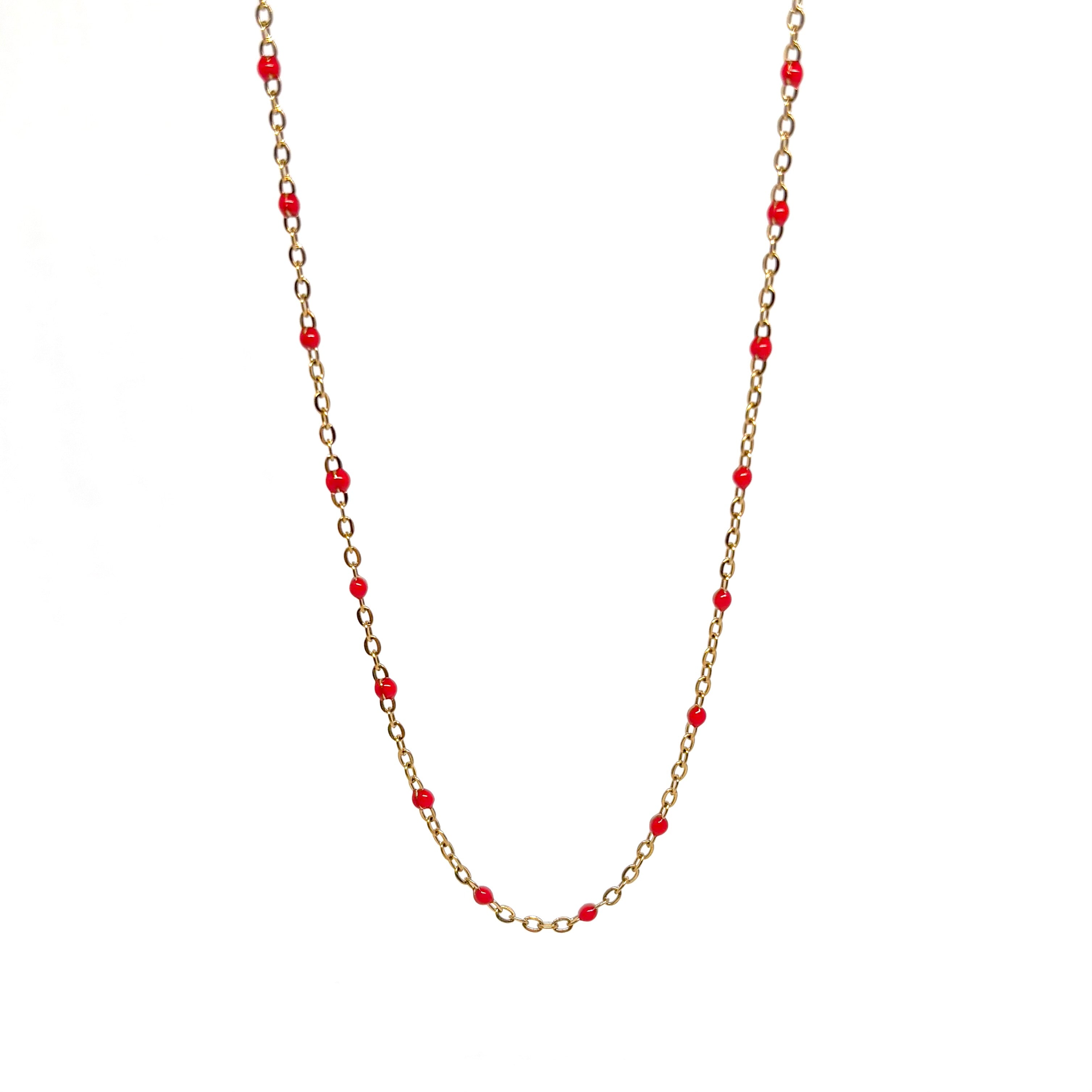 collier femme en acier inoxydable doré avec petites perles rouges, chaîne fine, bijou tendance gourmand à offrir