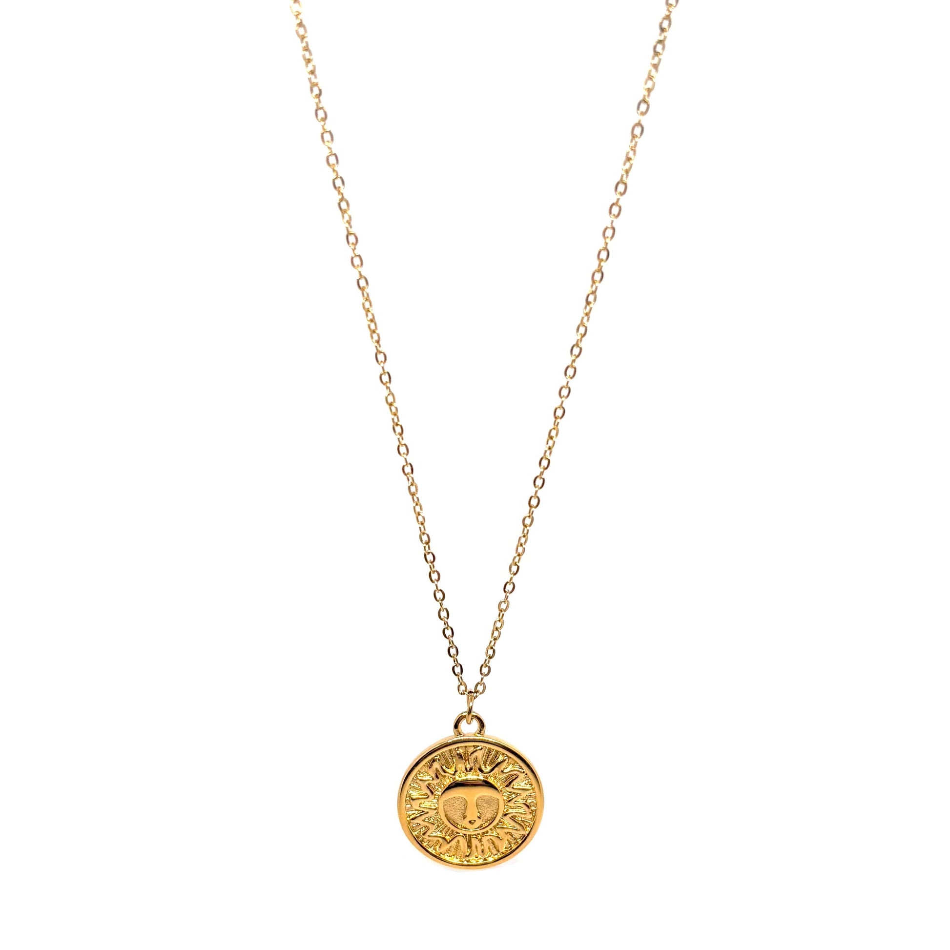 collier femme en acier inoxydable doré avec pendentif médaille soleil vintage gravée visage et rayons, chaîne réglable 45 cm + extension, bijou chic à offrir