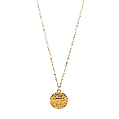 collier femme en acier inoxydable doré avec pendentif médaille soleil vintage gravée visage et rayons, chaîne réglable 45 cm + extension, bijou chic à offrir
