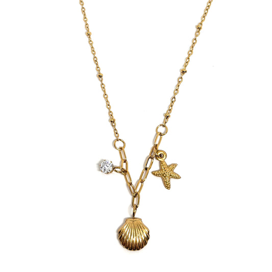 collier femme en acier inoxydable doré avec pendentif coquillage et étoile de mer, chaîne fine réglable 40 +5 cm, bijou marin bohème chic à offrir