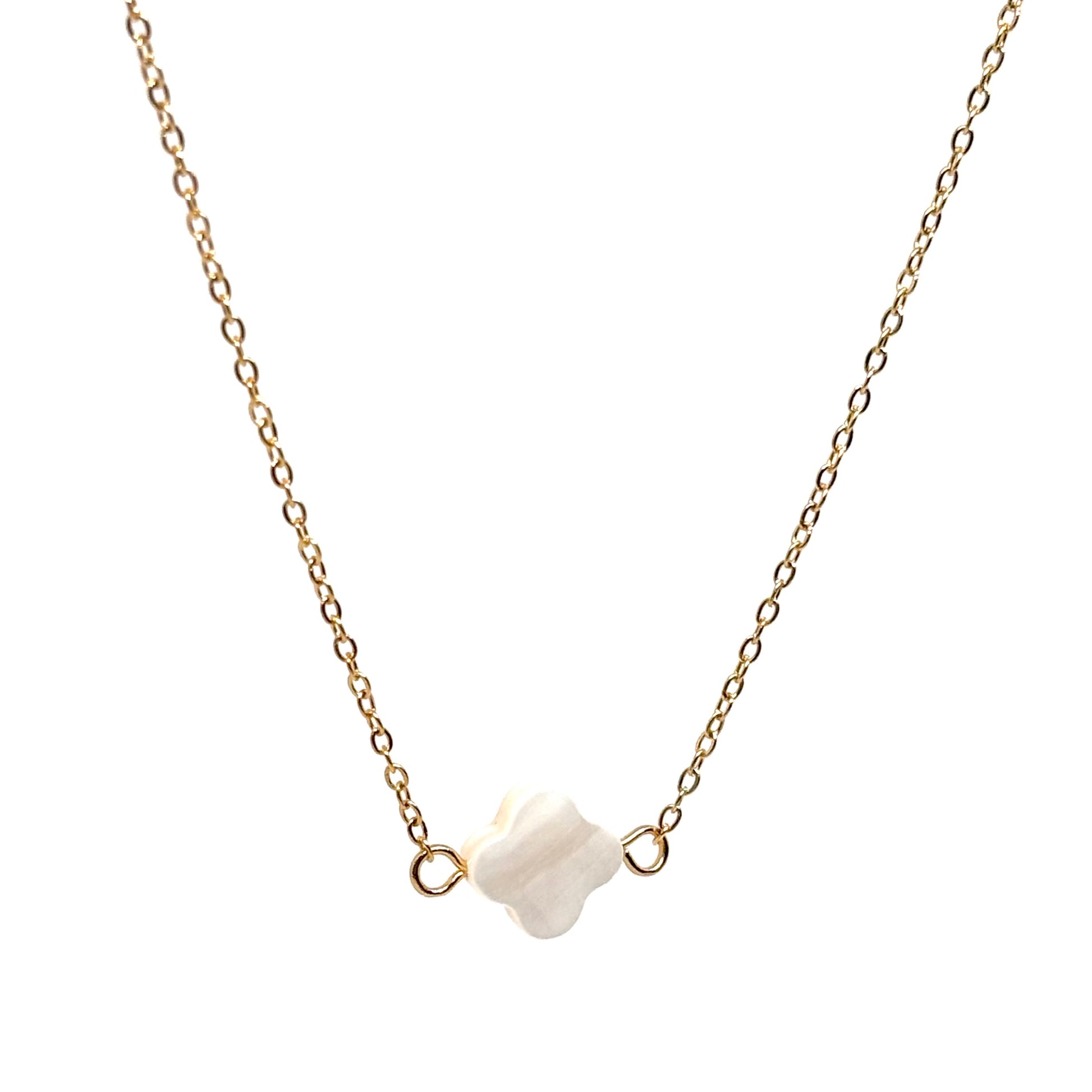 collier femme en acier inoxydable doré avec pendentif trèfle en nacre blanche, chaîne fine 39 +5 cm, bijou porte-bonheur élégant à offrir