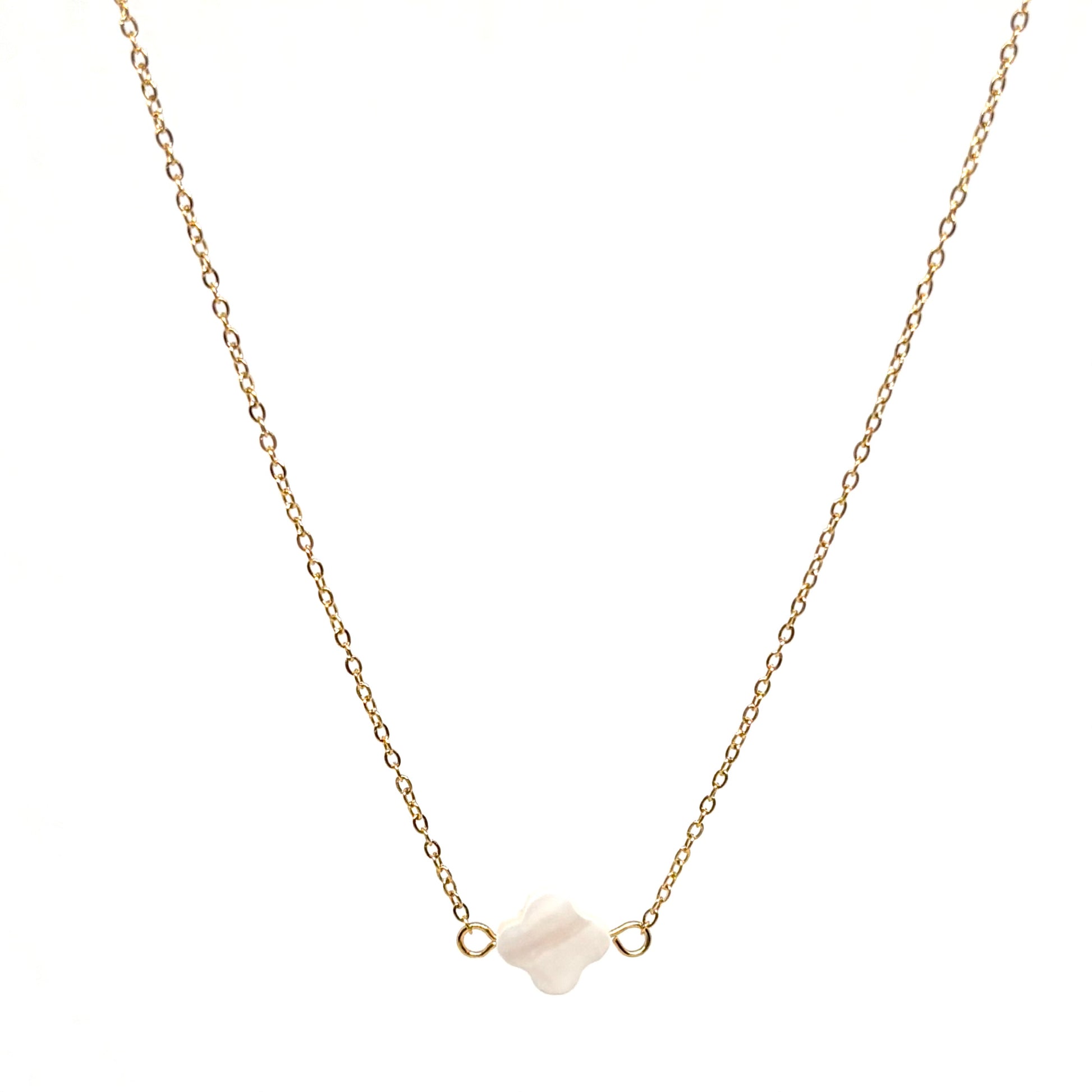 collier femme en acier inoxydable doré avec pendentif trèfle en nacre blanche, chaîne fine 39 +5 cm, bijou porte-bonheur élégant à offrir