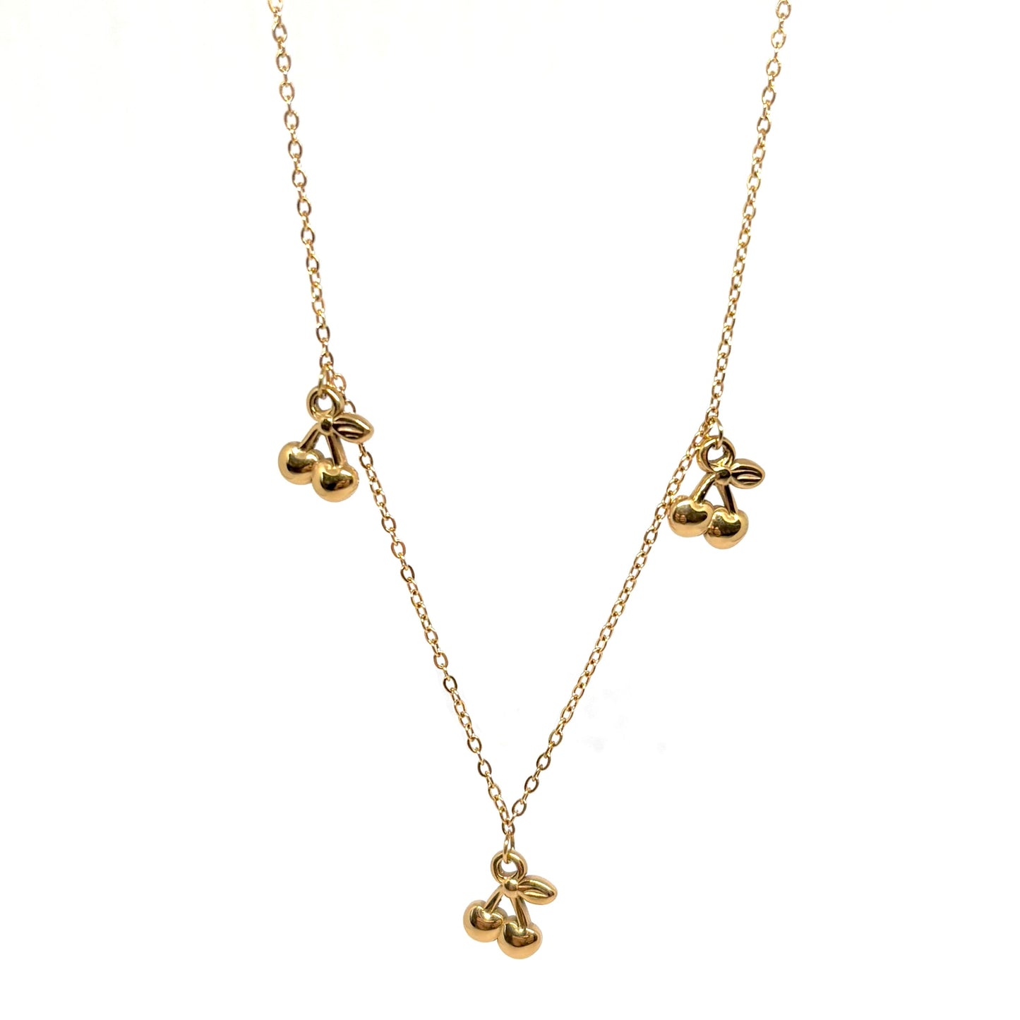 collier femme en acier inoxydable doré avec pendentif trois cerises stylisées sur chaîne fine 40 + 5 cm, bijou gourmand et tendance à offrir