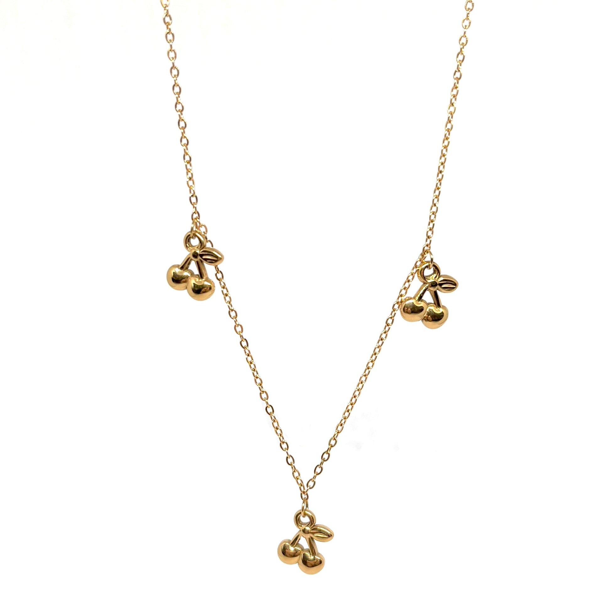 collier femme en acier inoxydable doré avec pendentif trois cerises stylisées sur chaîne fine 40 + 5 cm, bijou gourmand et tendance à offrir