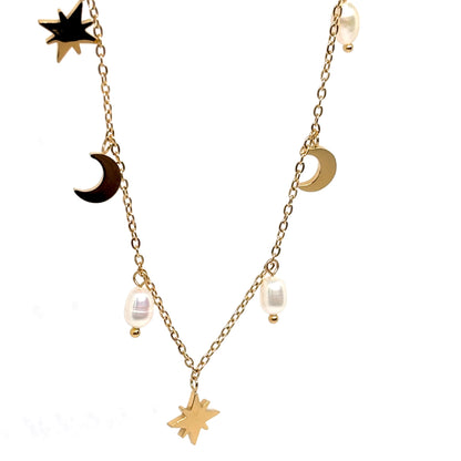 collier femme en acier inoxydable doré avec pendentifs astres (étoile et lune) et perles blanches, chaîne réglable, bijou mode tendance à offrir