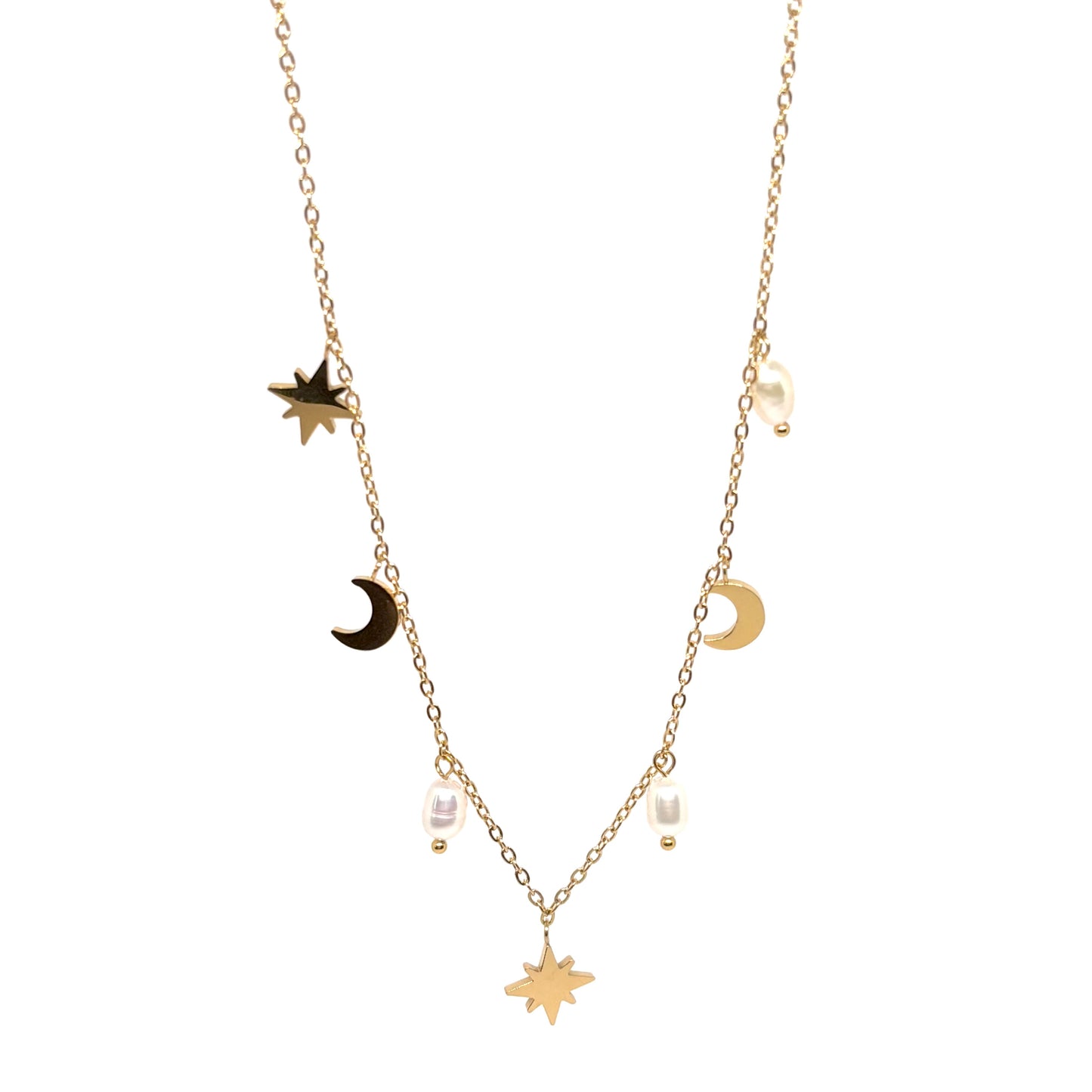 collier femme en acier inoxydable doré avec pendentifs astres (étoile et lune) et perles blanches, chaîne réglable, bijou mode tendance à offrir
