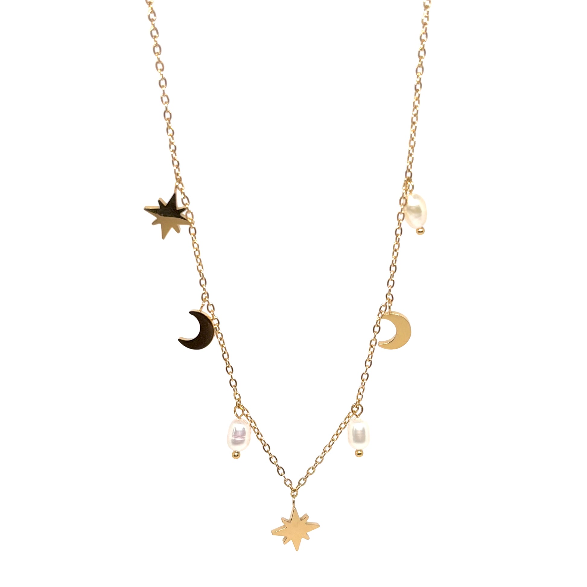collier femme en acier inoxydable doré avec pendentifs astres (étoile et lune) et perles blanches, chaîne réglable, bijou mode tendance à offrir