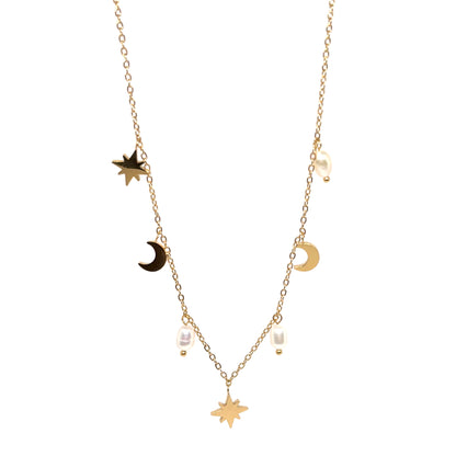 collier femme en acier inoxydable doré avec pendentifs astres (étoile et lune) et perles blanches, chaîne réglable, bijou mode tendance à offrir