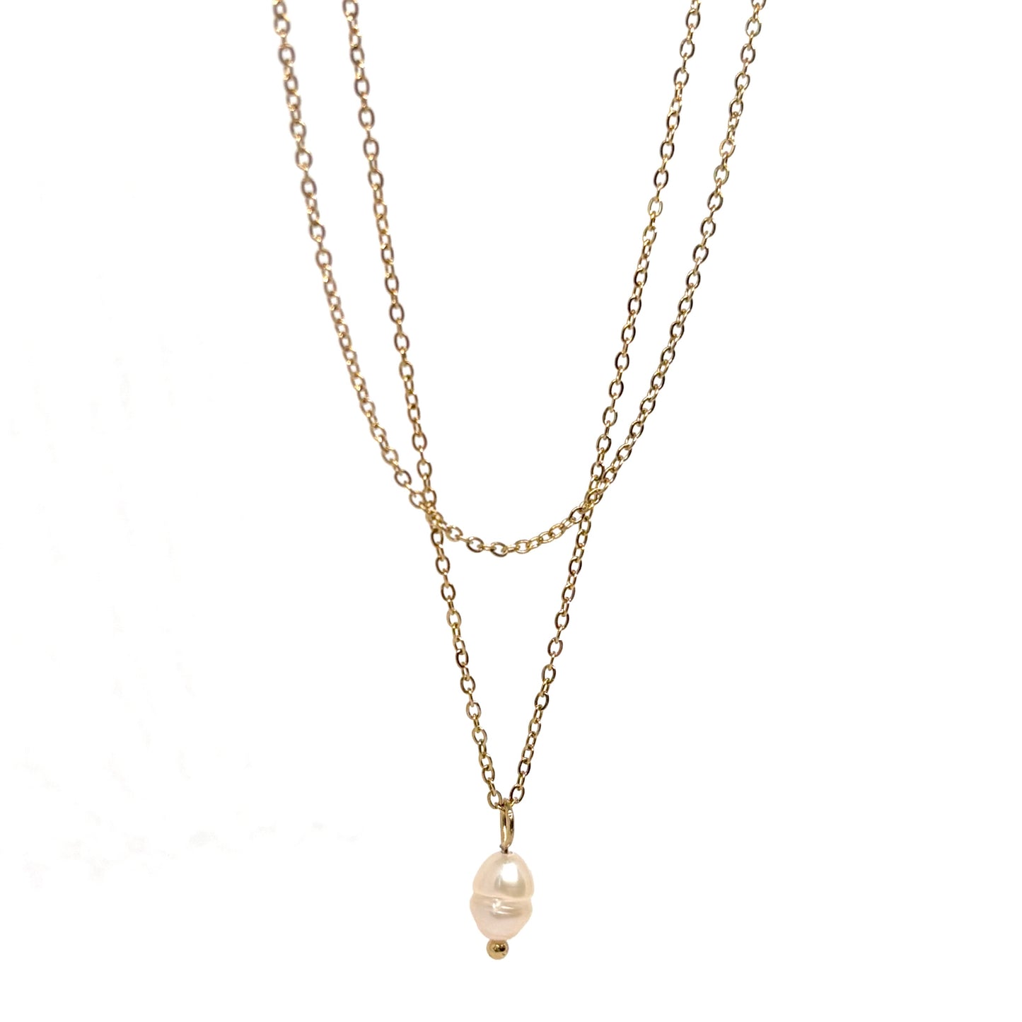 collier femme en acier inoxydable doré 14K composé de deux chaînes superposées et d’un pendentif perle blanche ovale, longueur 38 +5 cm, bijou minimaliste et raffiné au style intemporel