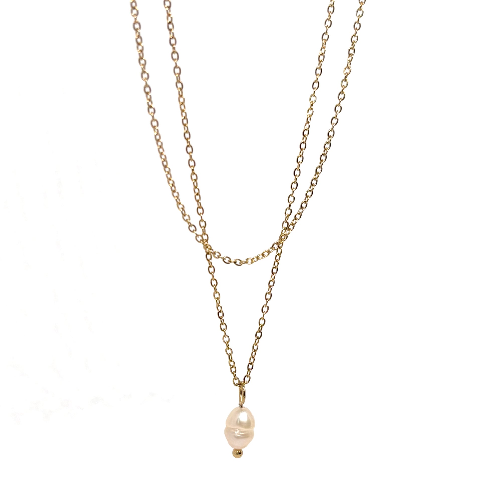 collier femme en acier inoxydable doré 14K composé de deux chaînes superposées et d’un pendentif perle blanche ovale, longueur 38 +5 cm, bijou minimaliste et raffiné au style intemporel
