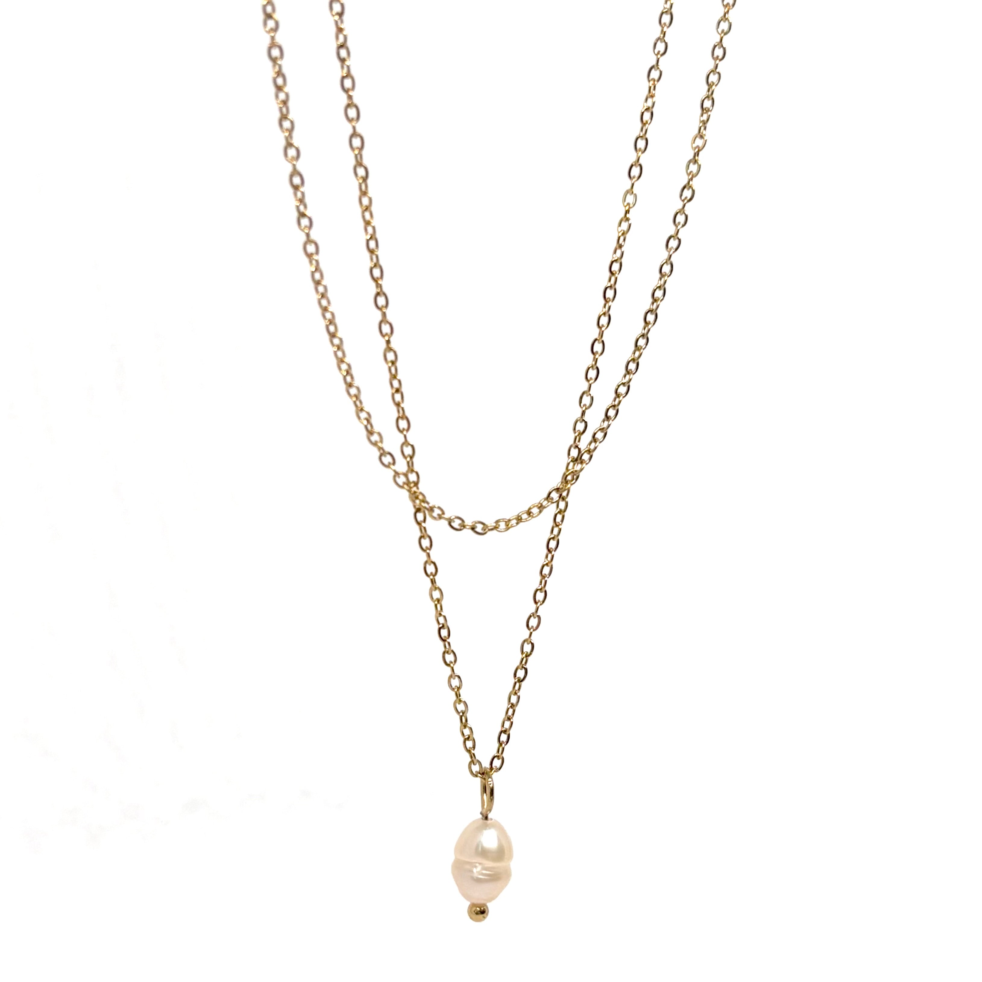 collier femme en acier inoxydable doré 14K composé de deux chaînes superposées et d’un pendentif perle blanche ovale, longueur 38 +5 cm, bijou minimaliste et raffiné au style intemporel