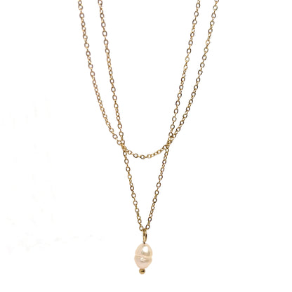 collier femme en acier inoxydable doré 14K composé de deux chaînes superposées et d’un pendentif perle blanche ovale, longueur 38 +5 cm, bijou minimaliste et raffiné au style intemporel