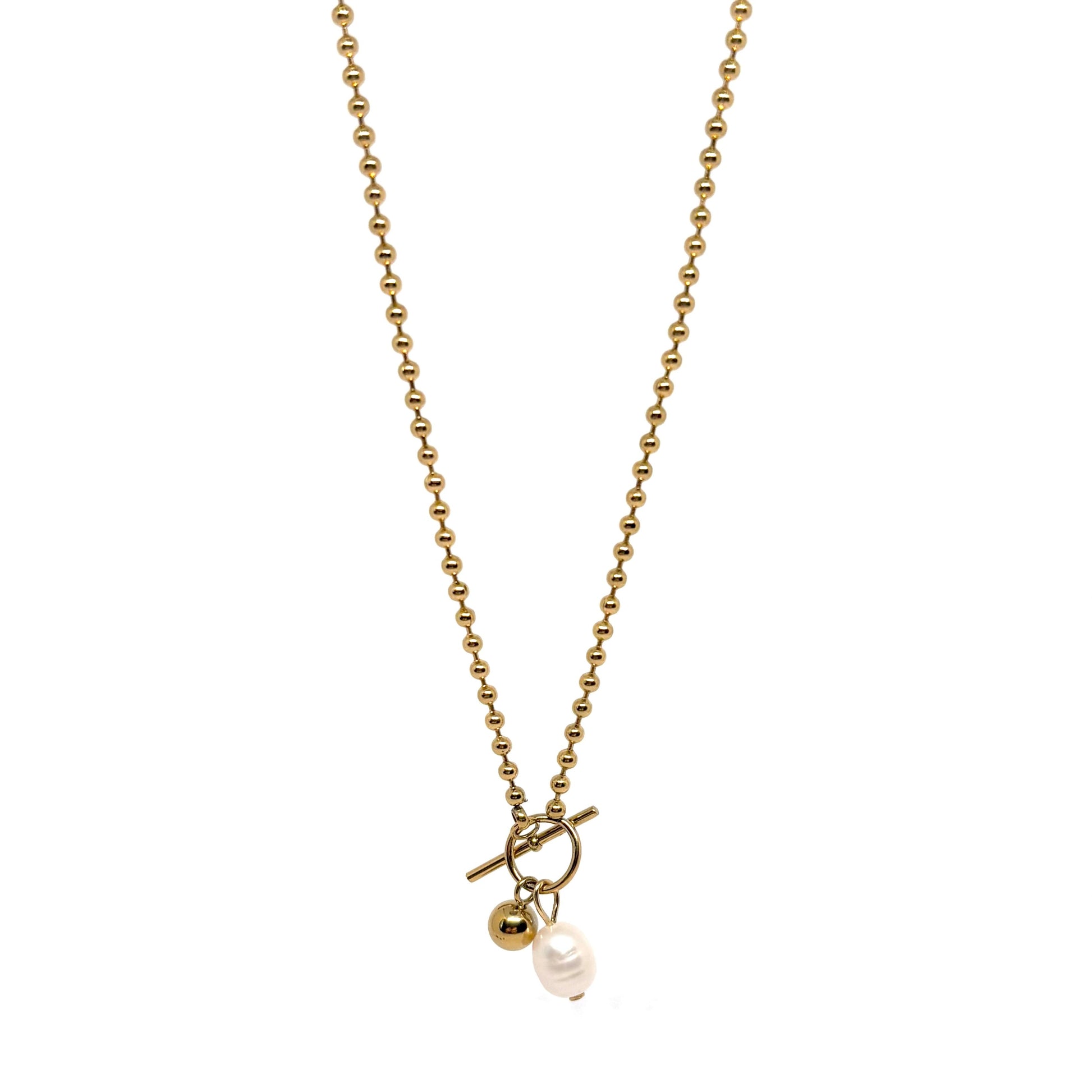 collier femme en acier inoxydable doré 14K avec fermoir toggle apparent, orné d’une perle blanche irrégulière et d’une perle dorée brillante, longueur 45 cm, bijou minimaliste et raffiné au style moderne