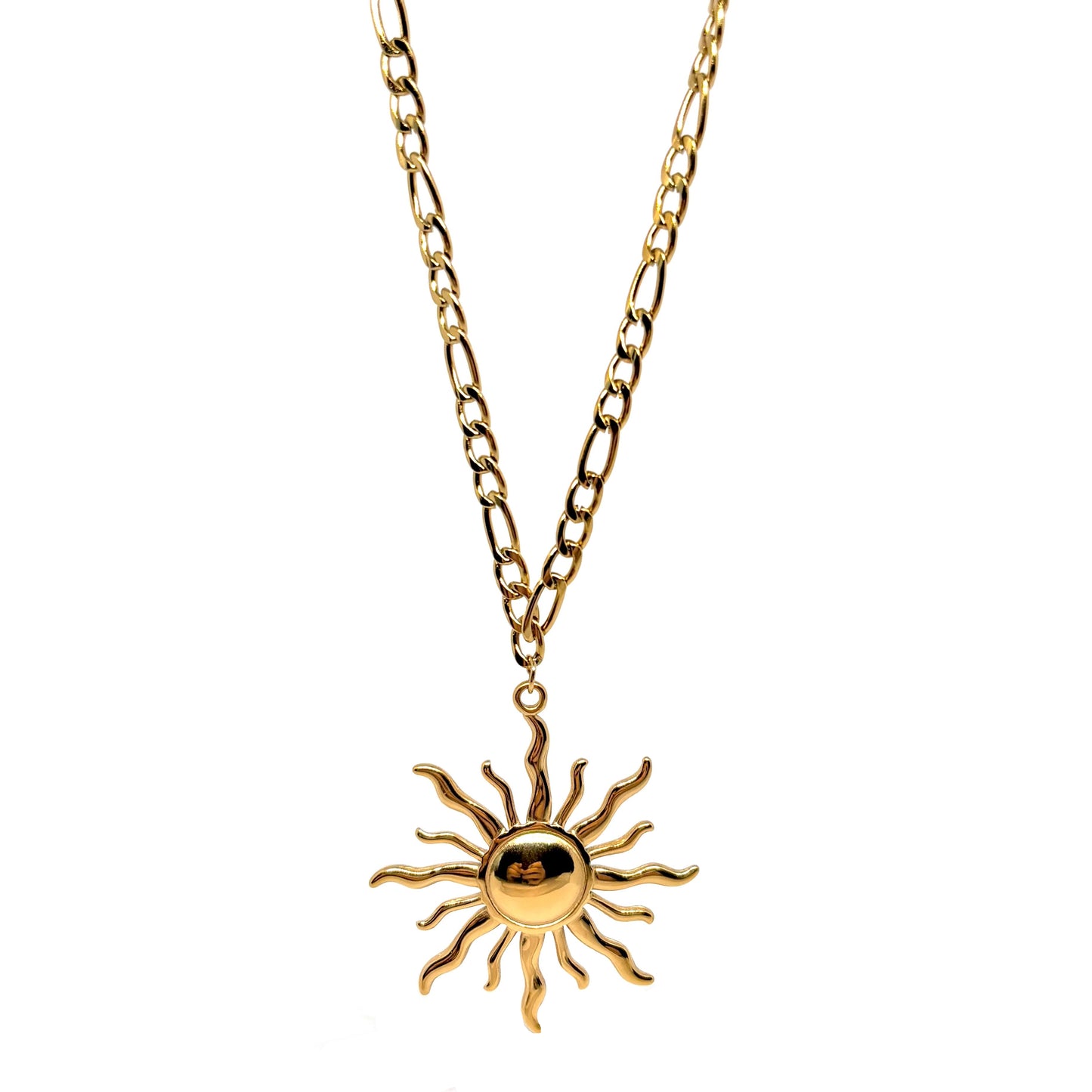 collier femme en acier inoxydable doré avec chaîne épaisse et pendentif soleil rayonnant de 3,5 cm, longueur ajustable 45 +5 cm, bijou statement puissant et lumineux au style bohème chic