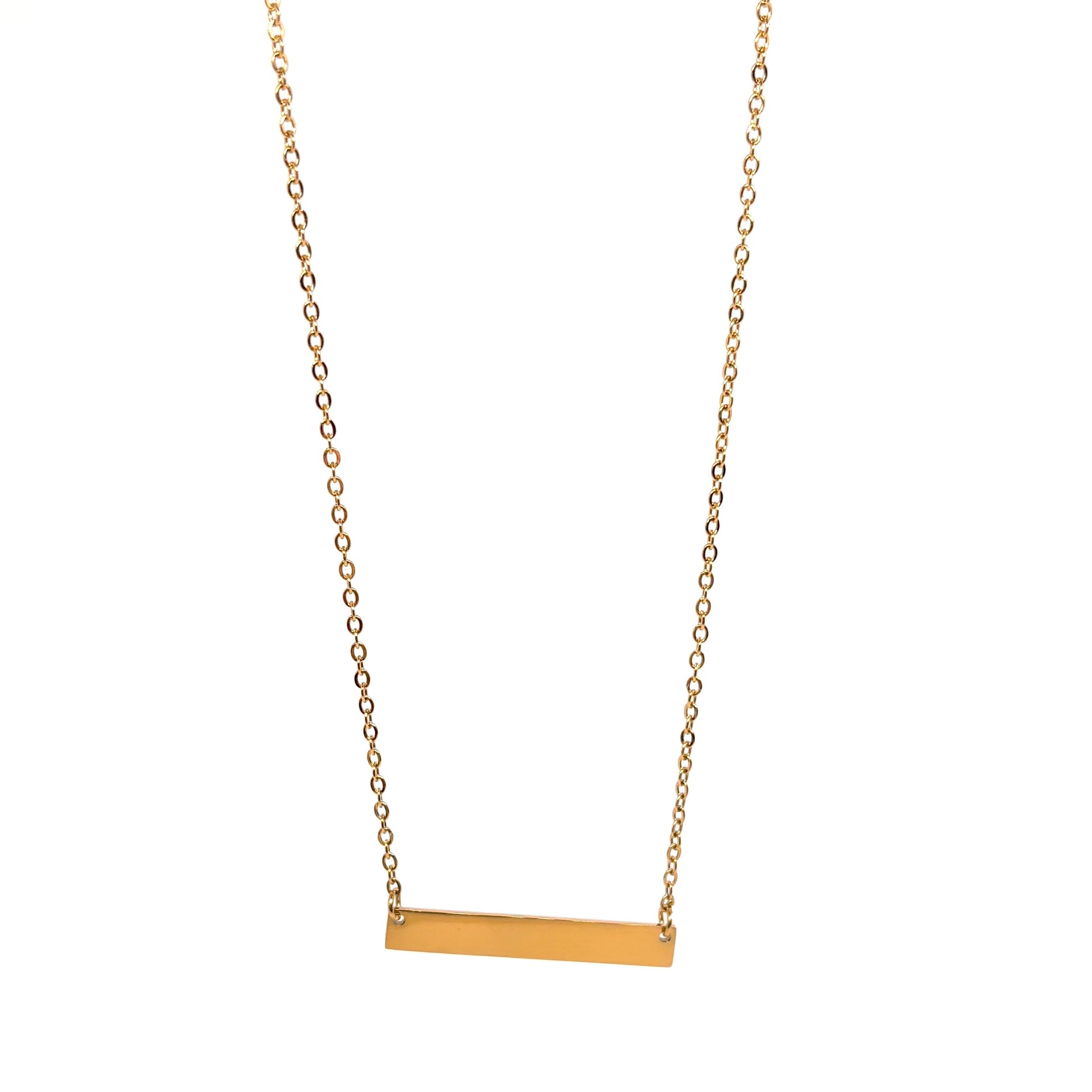 collier femme en acier inoxydable doré avec fine plaque rectangulaire lisse sur chaîne ajustable, bijou minimaliste et personnalisable au style épuré et contemporain