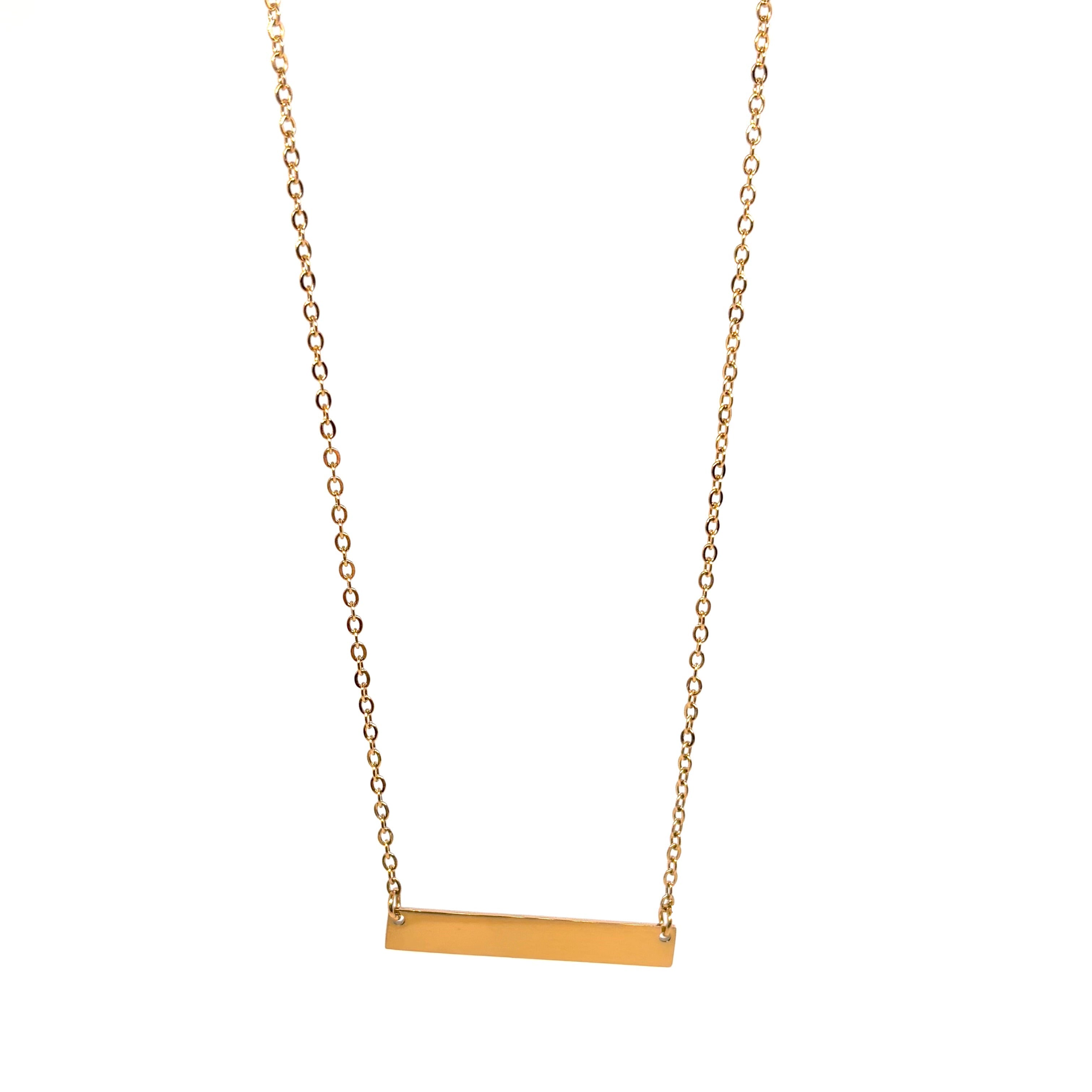 collier femme en acier inoxydable doré avec fine plaque rectangulaire lisse sur chaîne ajustable, bijou minimaliste et personnalisable au style épuré et contemporain