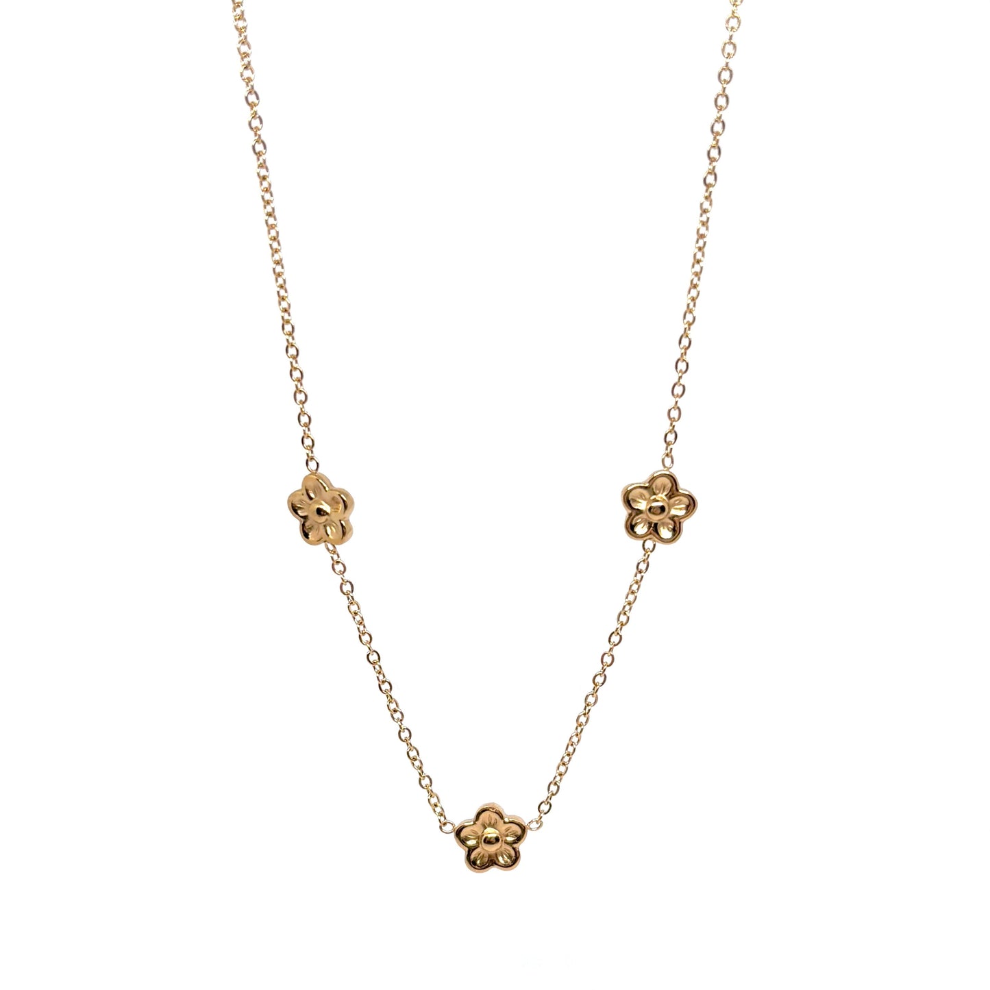 collier femme en acier inoxydable doré composé de trois fleurs miniatures en relief sur une chaîne fine, longueur 40 +5 cm, bijou floral délicat et bohème pour un look romantique et estival