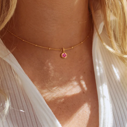collier femme en acier inoxydable doré avec chaîne perlée et pendentif rond serti d’un zircon rose brillant, longueur 38 +5 cm, bijou délicat et lumineux au charme féminin