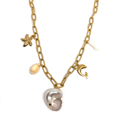 collier femme en acier inoxydable doré avec charms marins-coquillage, étoile de mer et dauphin, chaîne large 47,5 cm + extension 6 cm, bijou tendance vacances à porter