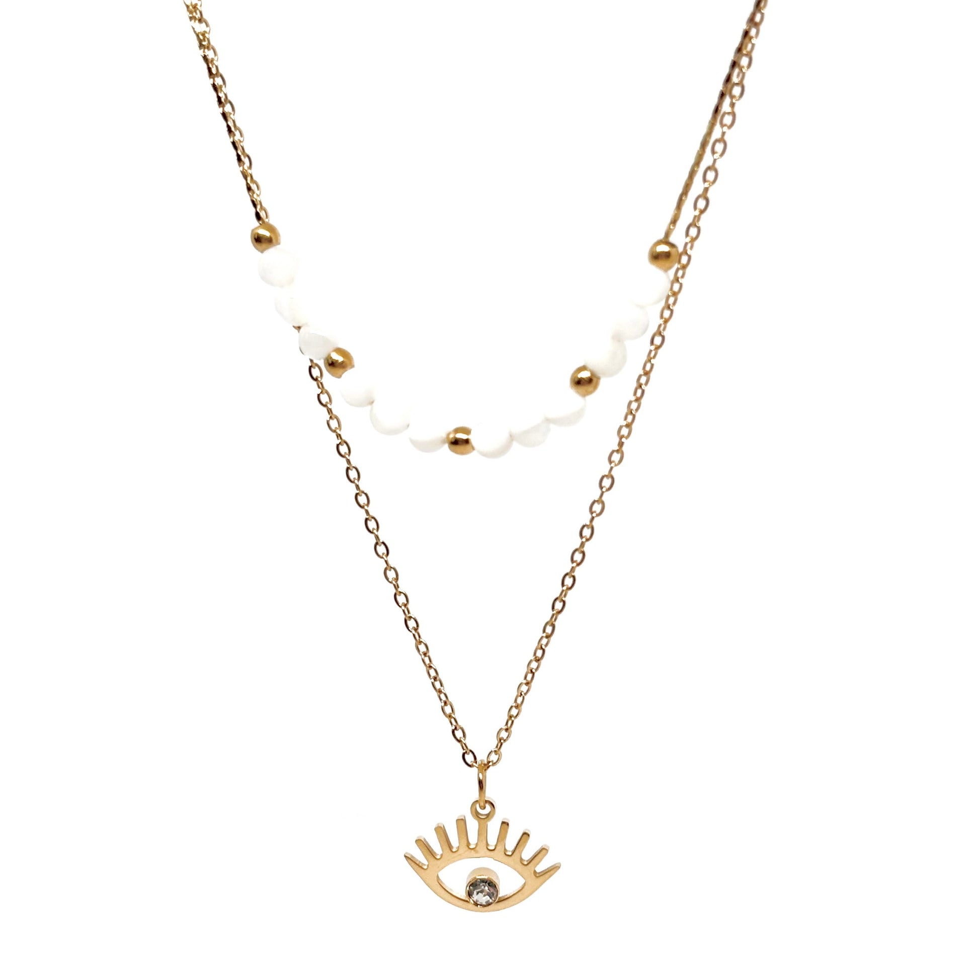 collier femme en acier inoxydable doré à double chaîne avec perles blanches et dorées et pendentif œil protecteur serti d’un strass, longueurs 39 et 41 +4 cm, bijou boho chic et symbolique