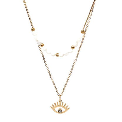 collier femme en acier inoxydable doré à double chaîne avec perles blanches et dorées et pendentif œil protecteur serti d’un strass, longueurs 39 et 41 +4 cm, bijou boho chic et symbolique