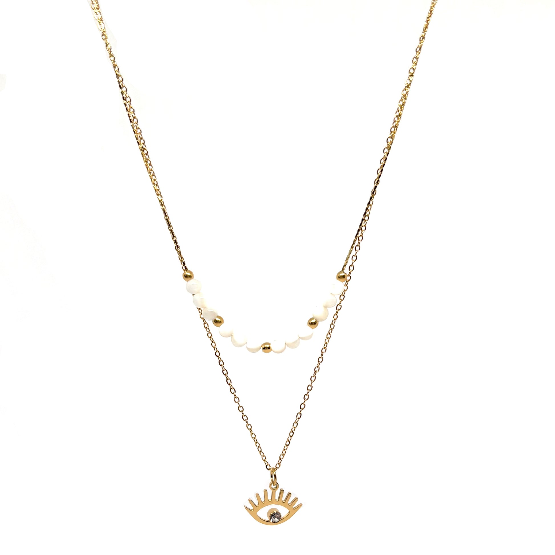 collier femme en acier inoxydable doré à double chaîne avec perles blanches et dorées et pendentif œil protecteur serti d’un strass, longueurs 39 et 41 +4 cm, bijou boho chic et symbolique