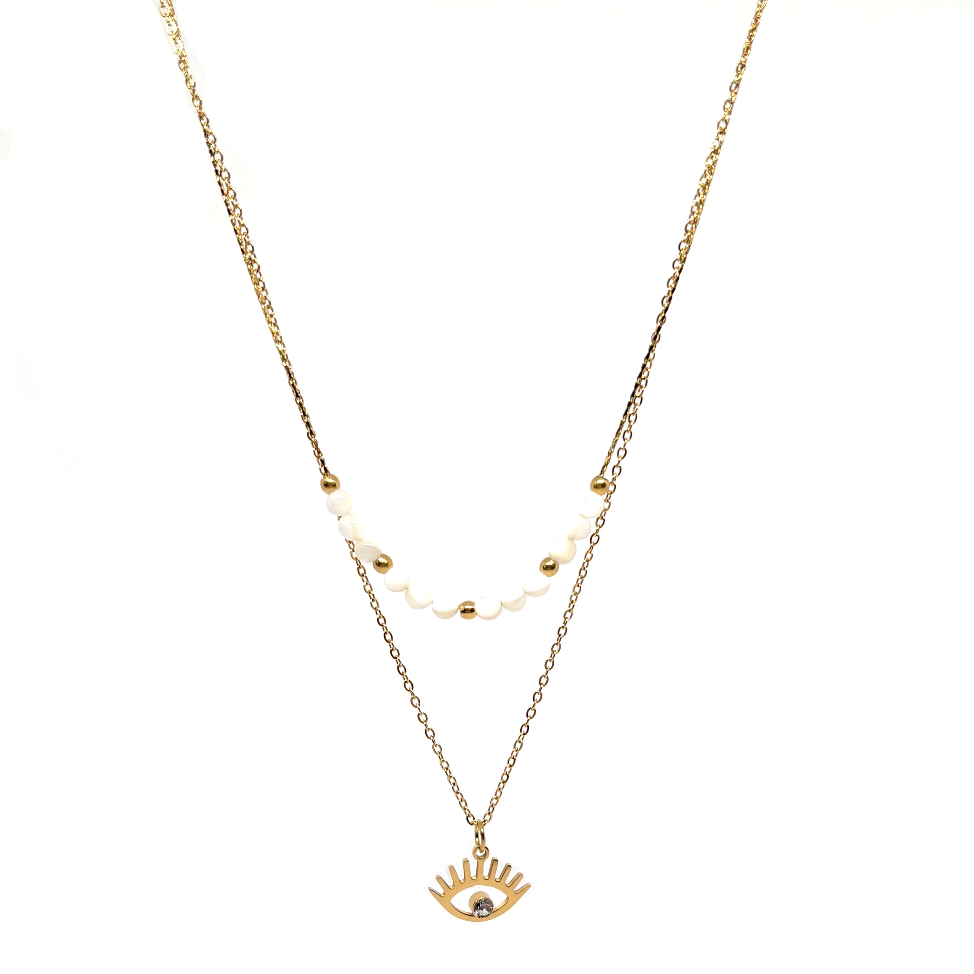 collier femme en acier inoxydable doré à double chaîne avec perles blanches et dorées et pendentif œil protecteur serti d’un strass, longueurs 39 et 41 +4 cm, bijou boho chic et symbolique
