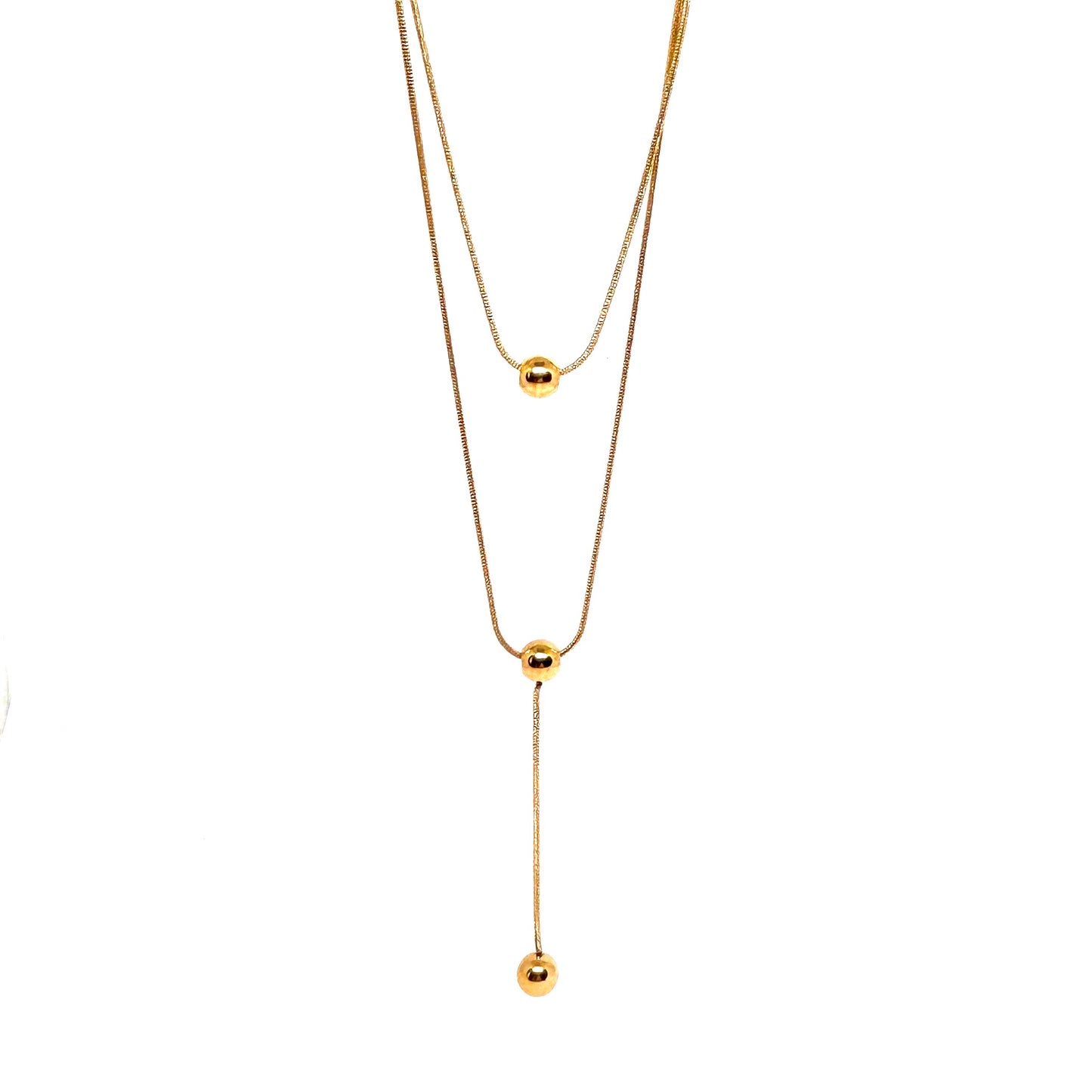 collier femme double rang en acier inoxydable doré avec deux perles sphériques et pendentif vertical, longueur 38 et 45,5 +5 cm, bijou minimaliste et élégant au style contemporain
