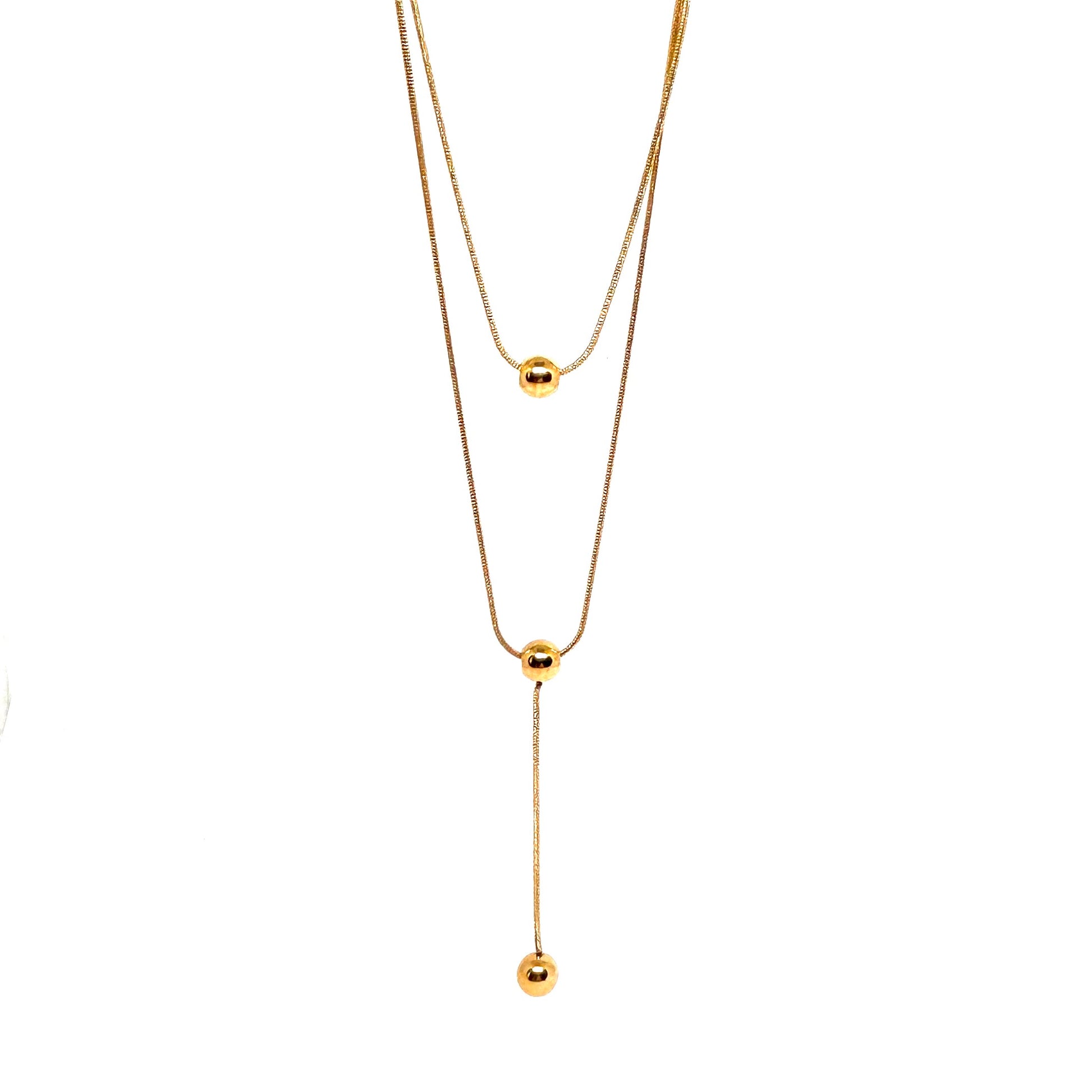 collier femme double rang en acier inoxydable doré avec deux perles sphériques et pendentif vertical, longueur 38 et 45,5 +5 cm, bijou minimaliste et élégant au style contemporain
