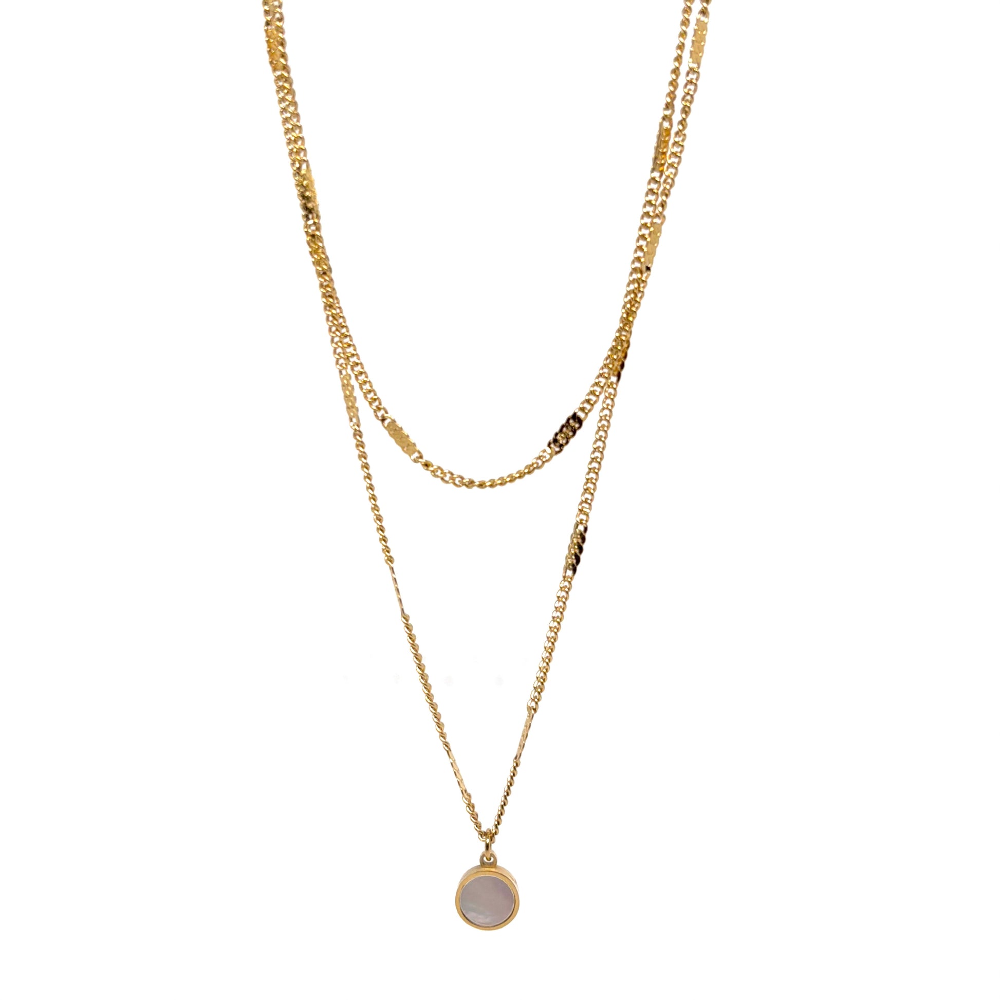 collier femme en acier inoxydable doré avec médaillon rond en nacre naturelle et double chaîne délicate, bijou minimaliste élégant à offrir