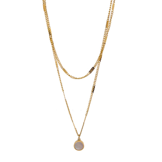 collier femme en acier inoxydable doré avec médaillon rond en nacre naturelle et double chaîne délicate, bijou minimaliste élégant à offrir