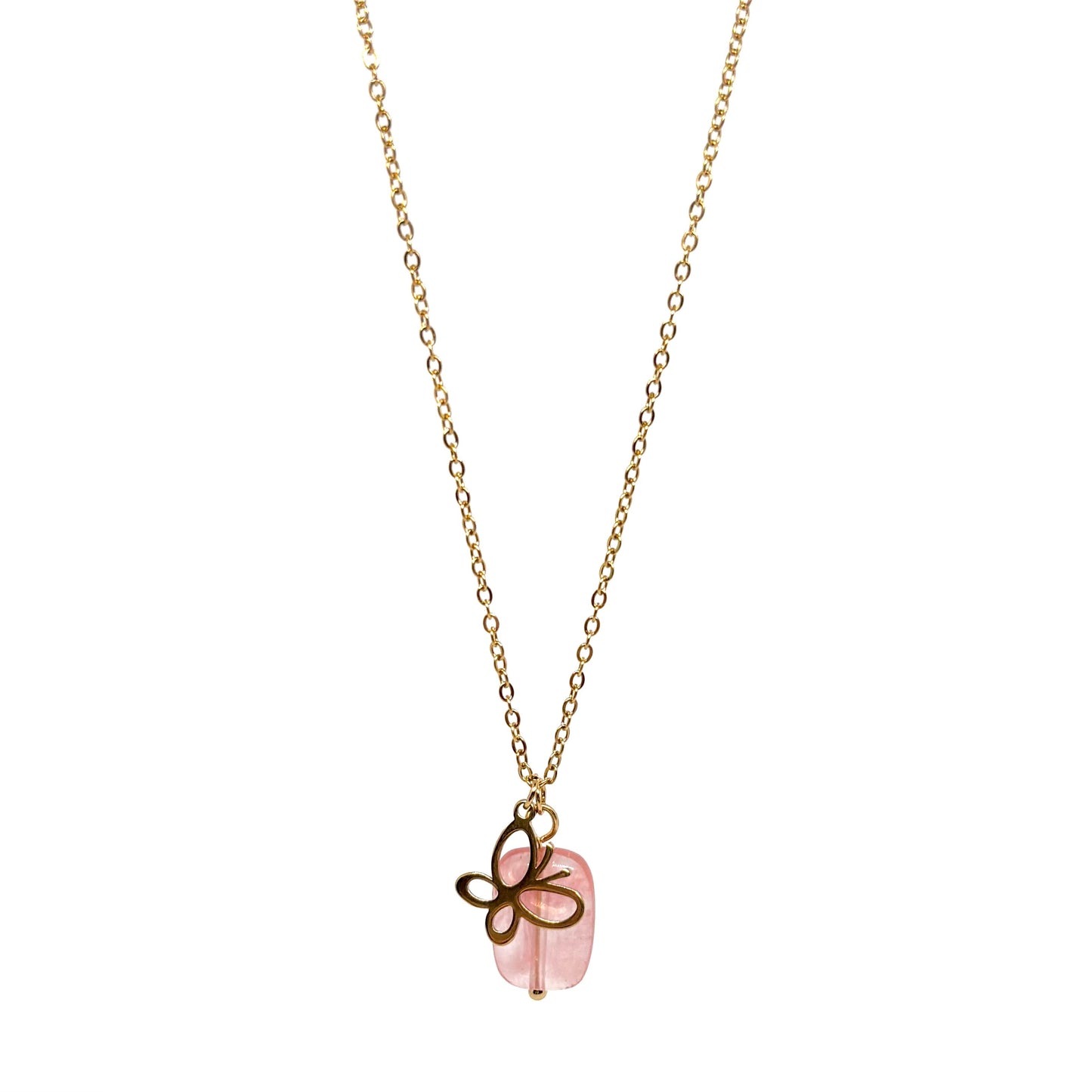 collier femme en acier inoxydable doré avec pendentif papillon ajouré posé sur pierre rose pastel, longueur 39,5 +6 cm, bijou symbolique et féminin plein de douceur et de légèreté