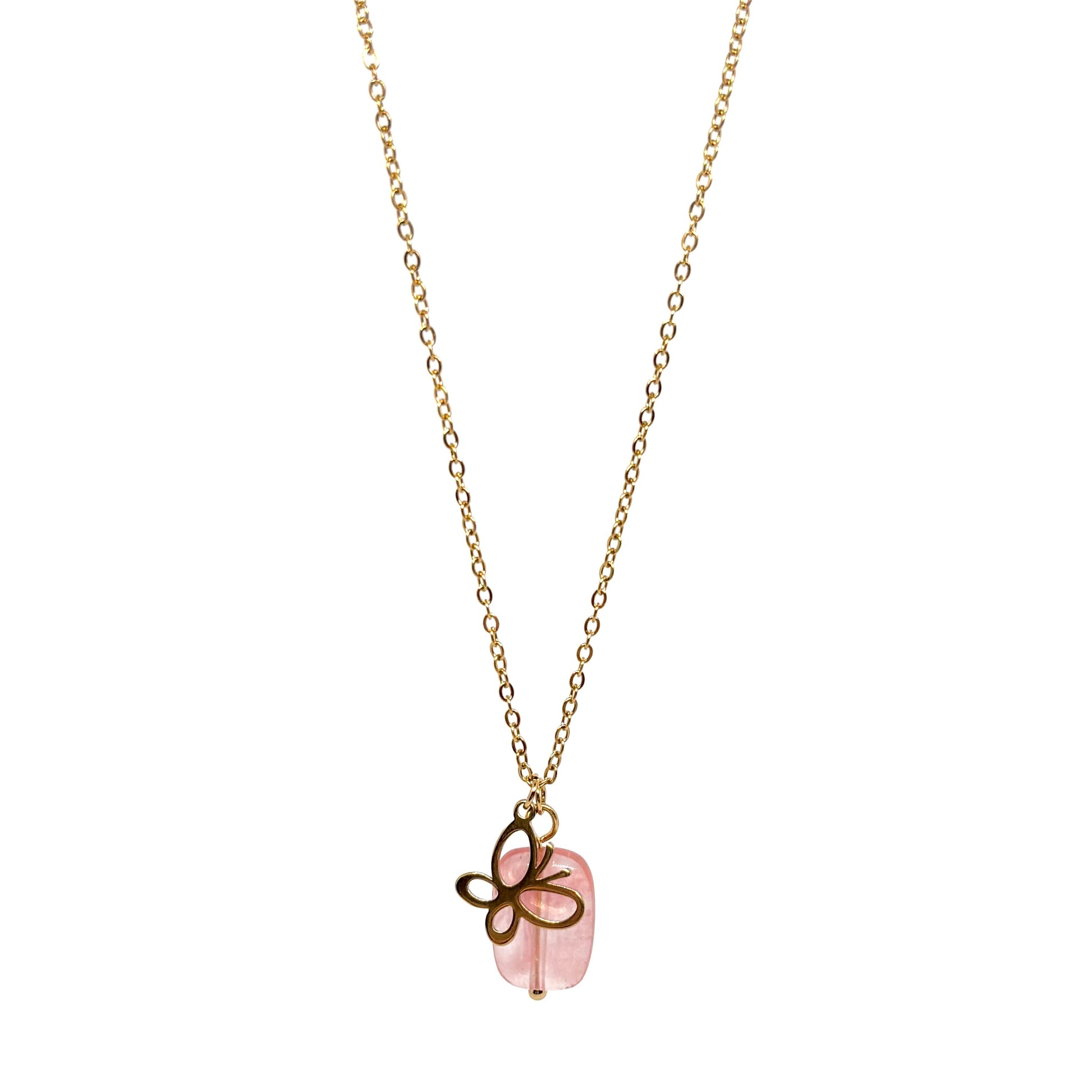 collier femme en acier inoxydable doré avec pendentif papillon ajouré posé sur pierre rose pastel, longueur 39,5 +6 cm, bijou symbolique et féminin plein de douceur et de légèreté