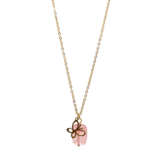 collier femme en acier inoxydable doré avec pendentif papillon ajouré posé sur pierre rose pastel, longueur 39,5 +6 cm, bijou symbolique et féminin plein de douceur et de légèreté