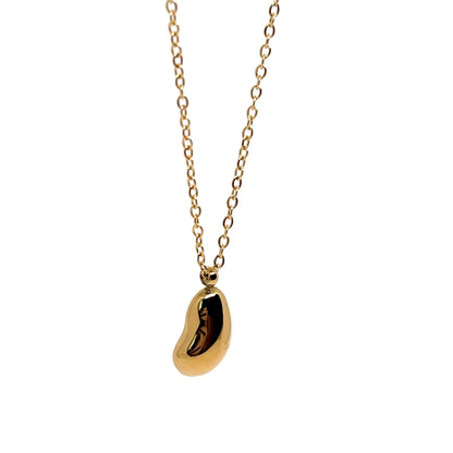 collier femme en acier inoxydable doré PVD 18K avec pendentif haricot lisse au design organique et minimaliste, chaîne fine 41 +5 cm, bijou scandinave symbole de chance et de renouveau