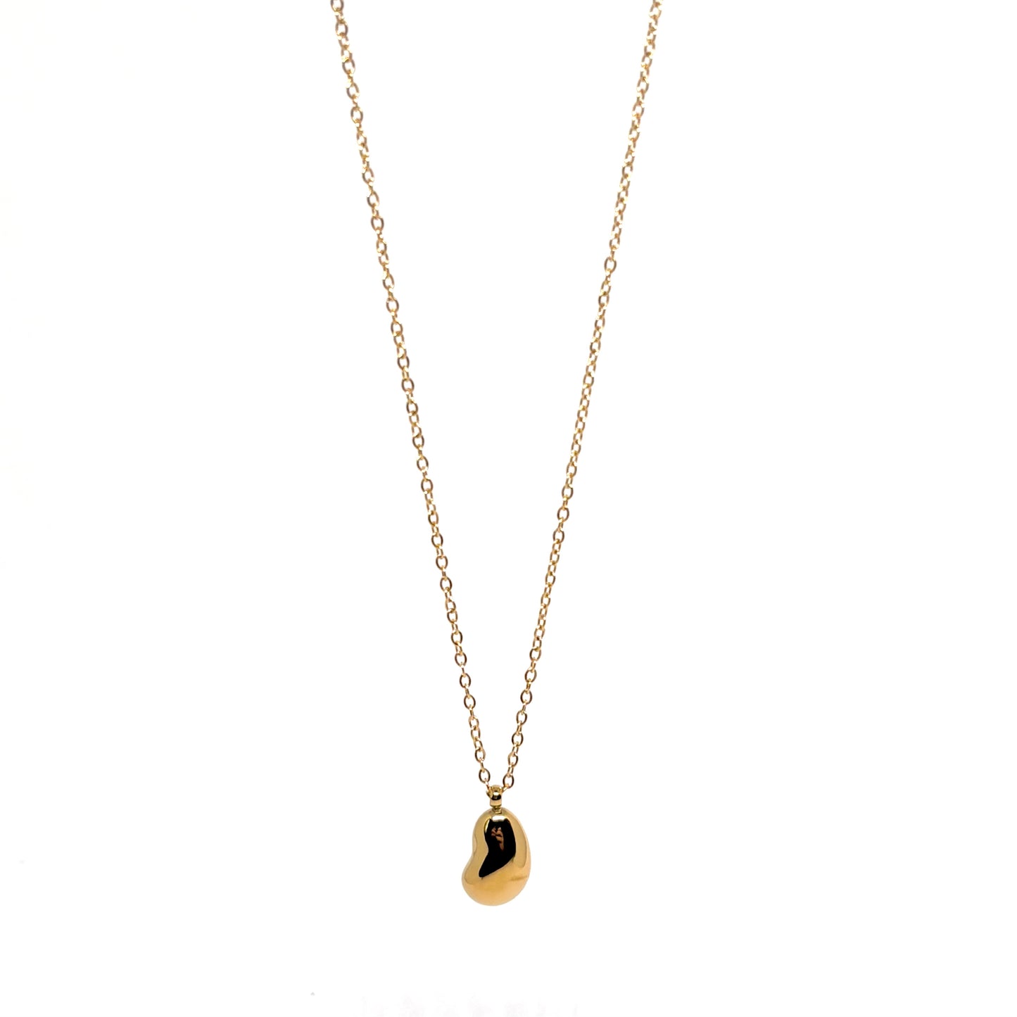 collier femme en acier inoxydable doré PVD 18K avec pendentif haricot lisse au design organique et minimaliste, chaîne fine 41 +5 cm, bijou scandinave symbole de chance et de renouveau