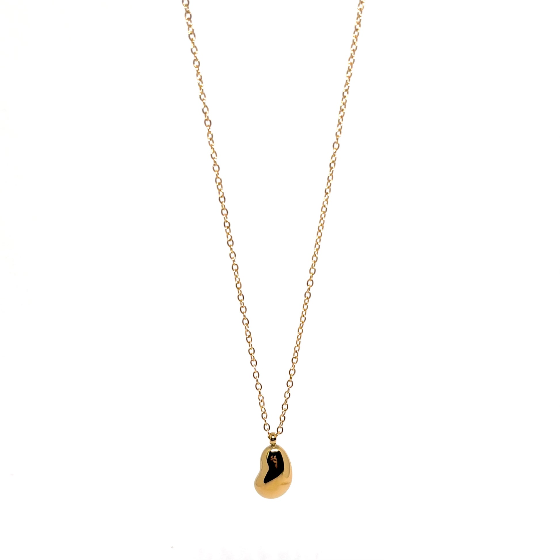 collier femme en acier inoxydable doré PVD 18K avec pendentif haricot lisse au design organique et minimaliste, chaîne fine 41 +5 cm, bijou scandinave symbole de chance et de renouveau