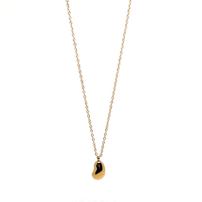 collier femme en acier inoxydable doré PVD 18K avec pendentif haricot lisse au design organique et minimaliste, chaîne fine 41 +5 cm, bijou scandinave symbole de chance et de renouveau