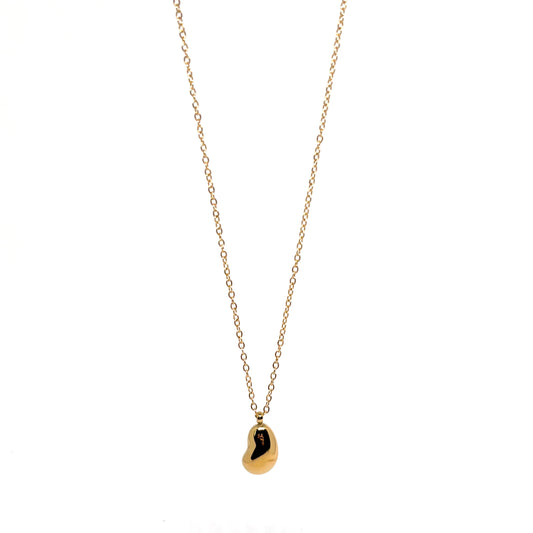 collier femme en acier inoxydable doré PVD 18K avec pendentif haricot lisse au design organique et minimaliste, chaîne fine 41 +5 cm, bijou scandinave symbole de chance et de renouveau