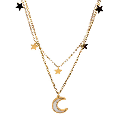collier femme en acier inoxydable doré composé de trois chaînes superposées avec pendentif lune nacrée et étoiles dorées, longueur 37+5, 41+5, 45+5 cm, bijou astral bohème chic à offrir