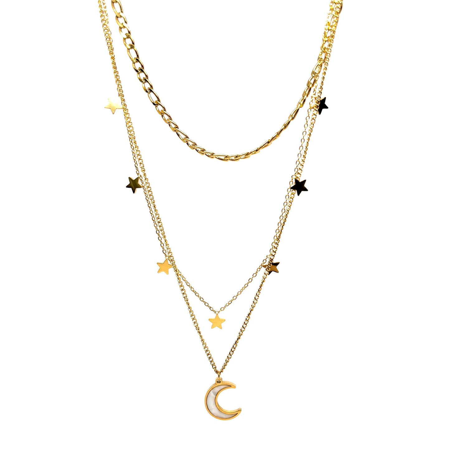 collier femme en acier inoxydable doré composé de trois chaînes superposées avec pendentif lune nacrée et étoiles dorées, longueur 37+5, 41+5, 45+5 cm, bijou astral bohème chic à offrir