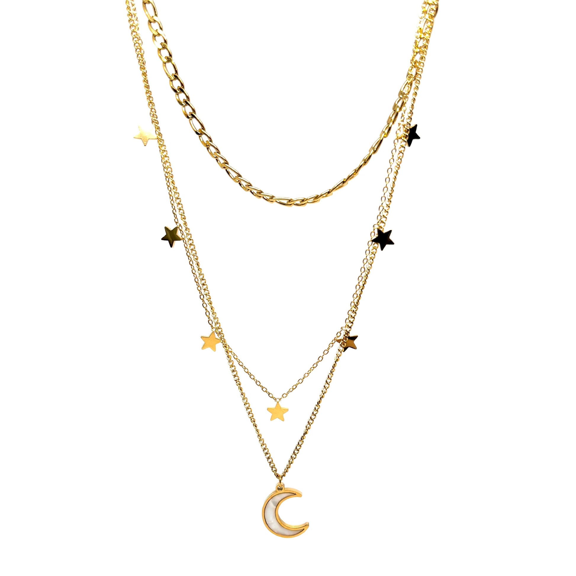 collier femme en acier inoxydable doré composé de trois chaînes superposées avec pendentif lune nacrée et étoiles dorées, longueur 37+5, 41+5, 45+5 cm, bijou astral bohème chic à offrir