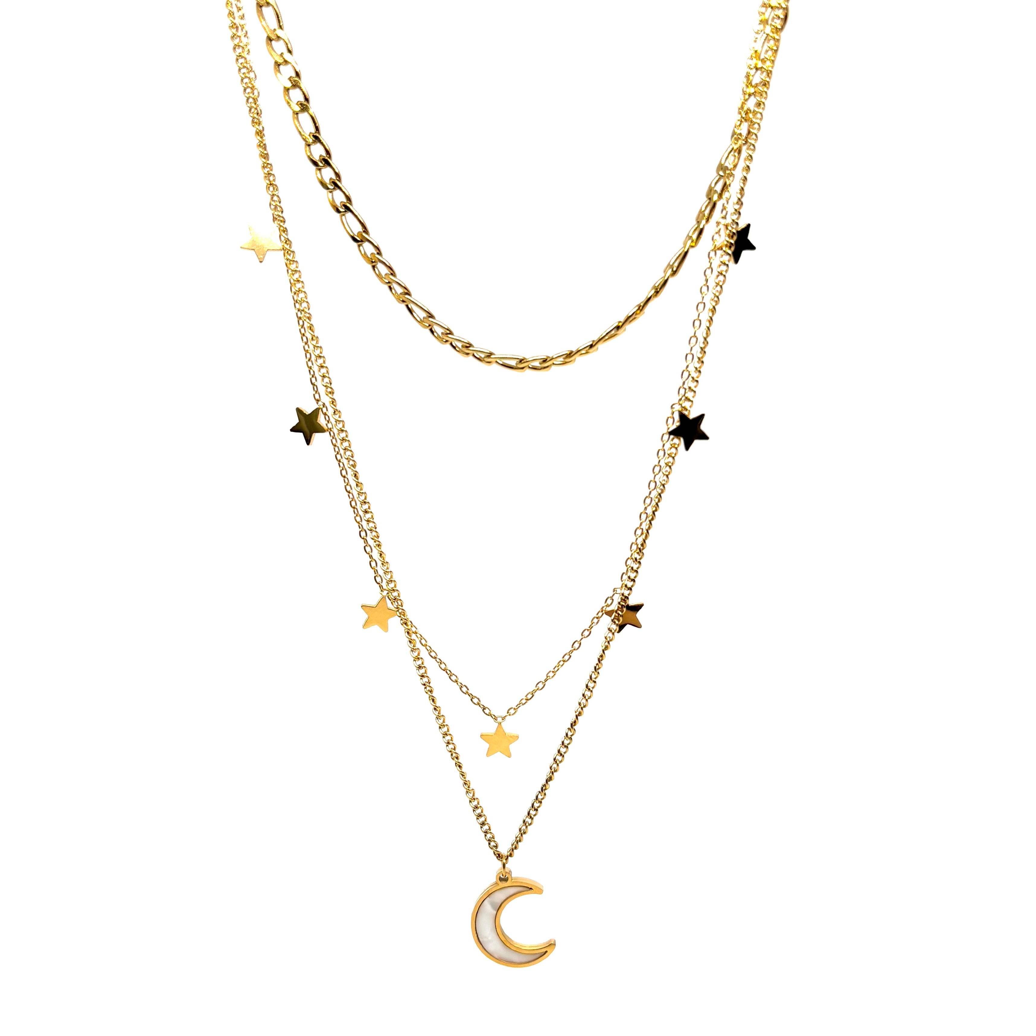 collier femme en acier inoxydable doré composé de trois chaînes superposées avec pendentif lune nacrée et étoiles dorées, longueur 37+5, 41+5, 45+5 cm, bijou astral bohème chic à offrir