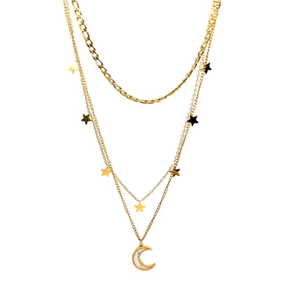 collier femme en acier inoxydable doré composé de trois chaînes superposées avec pendentif lune nacrée et étoiles dorées, longueur 37+5, 41+5, 45+5 cm, bijou astral bohème chic à offrir