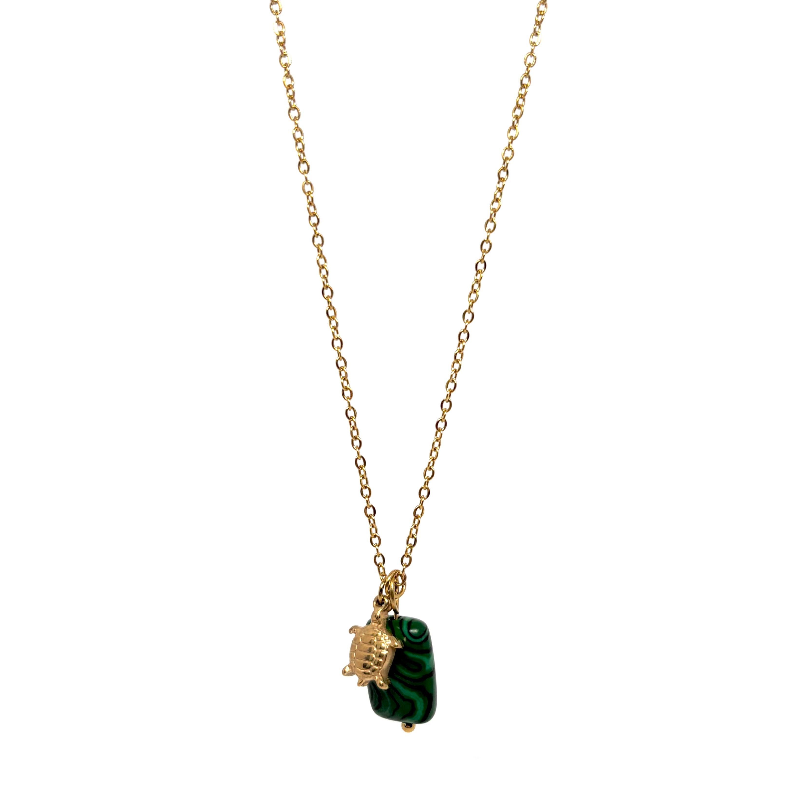collier femme en acier inoxydable doré avec pendentif tortue et pierre malachite verte, bijou symbolique et tendance