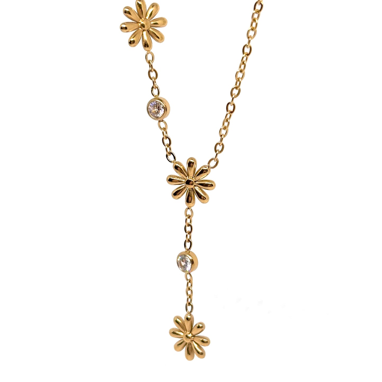 collier femme en acier inoxydable doré avec trois fleurs dorées décalées ornées de cristaux transparents, longueur ajustable 40 à 45 cm, bijou féminin et lumineux idéal pour un style romantique et élégant