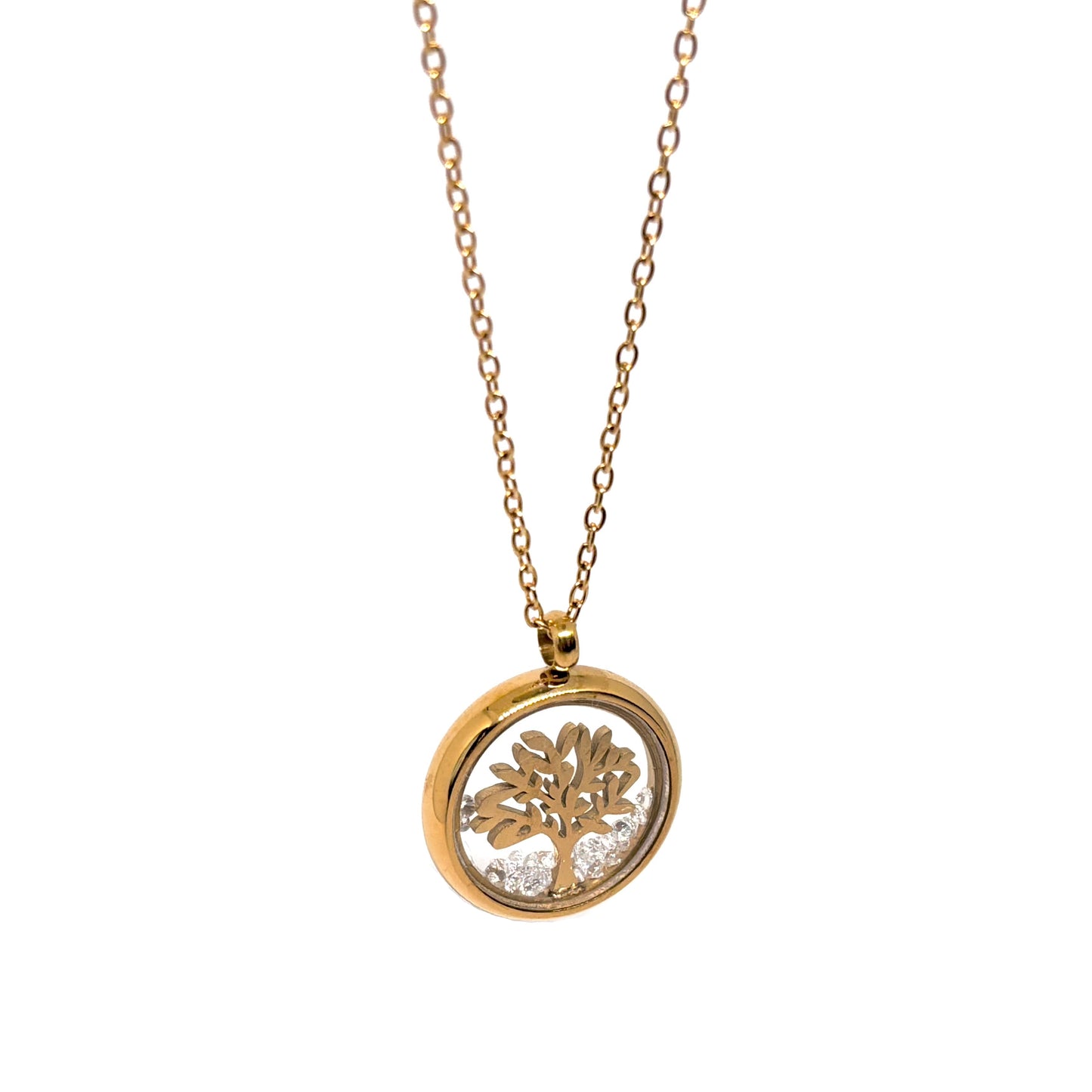 Collier doré pour femme en acier inoxydable avec médaillon rond transparent renfermant un arbre de vie doré et des éclats de cristal. Bijou lumineux et spirituel, résistant à l’eau et hypoallergénique, symbole d’harmonie et de croissance intérieure