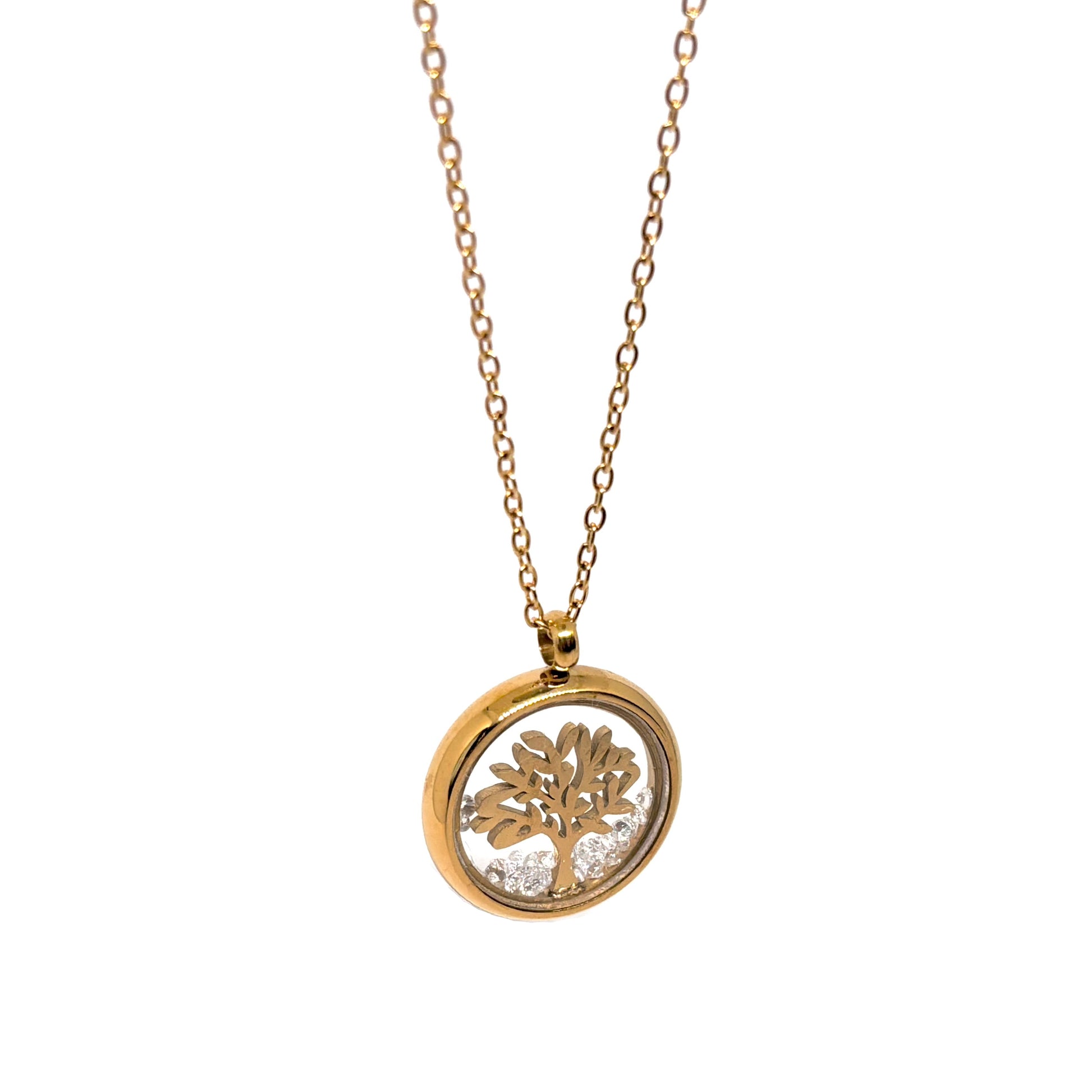 Collier doré pour femme en acier inoxydable avec médaillon rond transparent renfermant un arbre de vie doré et des éclats de cristal. Bijou lumineux et spirituel, résistant à l’eau et hypoallergénique, symbole d’harmonie et de croissance intérieure