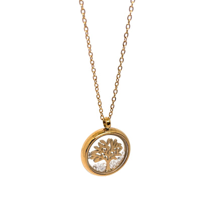 Collier doré pour femme en acier inoxydable avec médaillon rond transparent renfermant un arbre de vie doré et des éclats de cristal. Bijou lumineux et spirituel, résistant à l’eau et hypoallergénique, symbole d’harmonie et de croissance intérieure