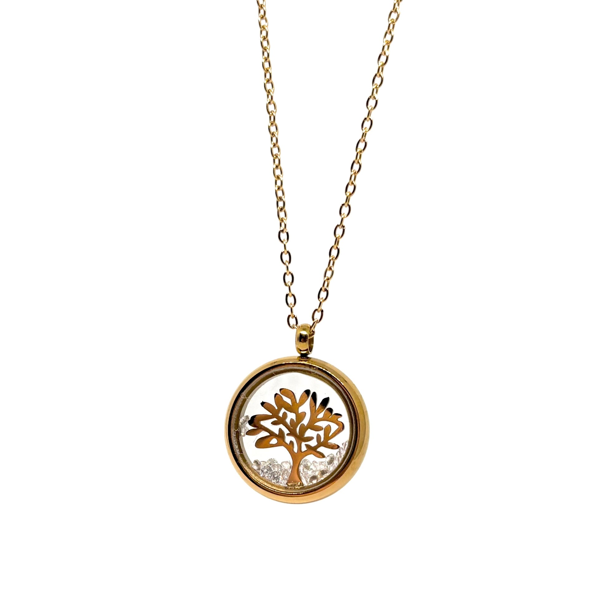 Collier doré pour femme en acier inoxydable avec médaillon rond transparent renfermant un arbre de vie doré et des éclats de cristal. Bijou lumineux et spirituel, résistant à l’eau et hypoallergénique, symbole d’harmonie et de croissance intérieure